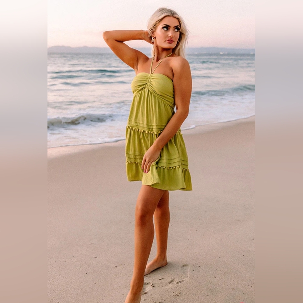 Mustard Seed Light Green "Meet For Drinks" Halter Mini Dress Size Medium - Picture 4 of 10